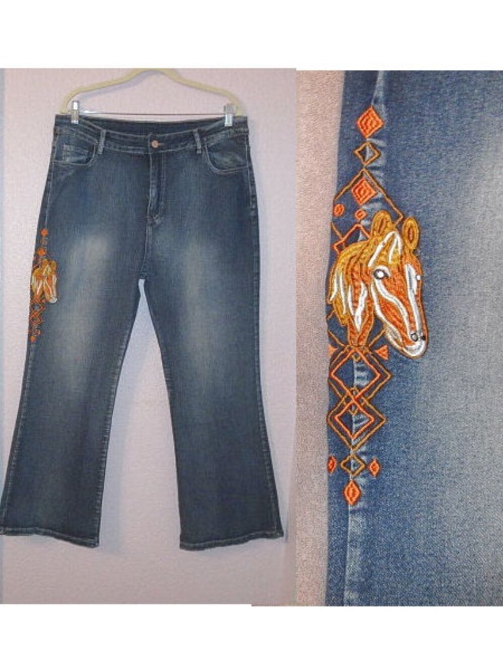 Embroidered Horse Flare Jeans Womens 2X 36 High Rise Stretch Denim Equestrian
